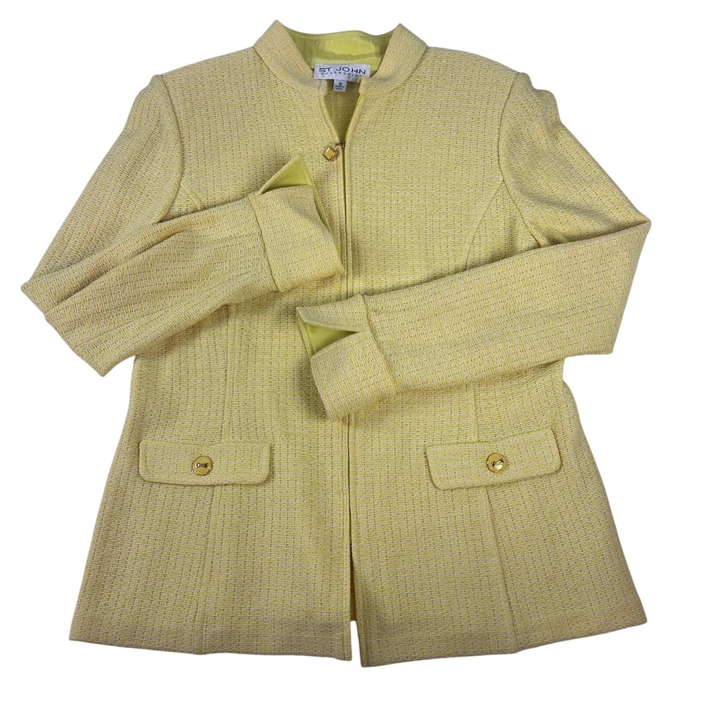 St John Collection Yellow Textured Knit Zip Up Jacket Mock Neck Size 10 USA